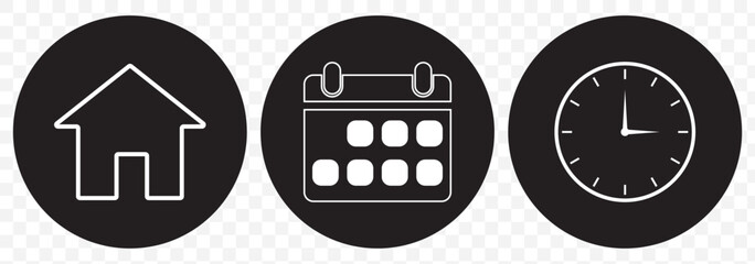 Poster - Date, Time, Address or Place Icons Symbol. Time, date and address icon isolated set. Event elements. Clock, calendar and map icon vector illustration on Transparent background. EPS 10.