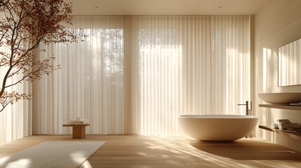 Poster - Modern bathroom interior with tub, window, and sunlight, wooden floor and tree