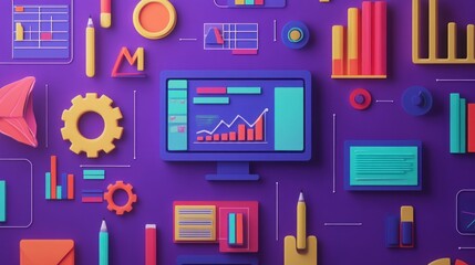 Poster - Flat lay design of computer with business charts and graphs.  Possible use stock photo for business presentations