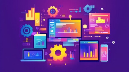 Poster - Colorful graphic showing digital devices and data analysis