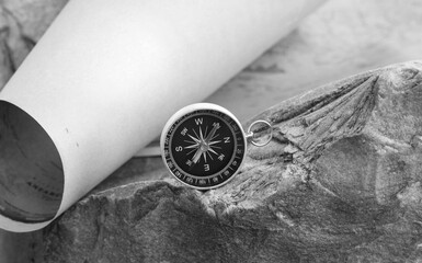 Wall Mural - classic round compass on background of old vintage map of world