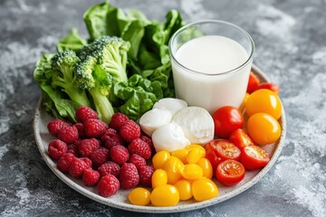 Poster - Fresh vegetables and fruits served on a plate with a glass of milk creating a healthy meal option
