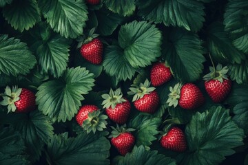 Poster - Fresh ripe strawberries nestled among vibrant green leaves in a sunny garden setting