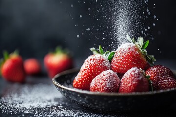 Fototapete - Strawberries placed in a bowl with powdered sugar sprinkled on top in a dark setting