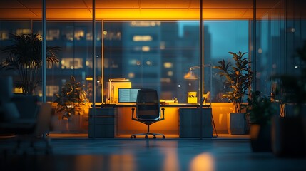 Poster - Modern, empty office interior with desk, city view, and indoor plants at twilight
