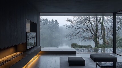 Poster - Modern interior living room with large windows overlooking foggy lake and trees