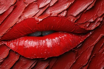Aufkleber - Bold red lips create a striking visual against a textured background in an artistic display of color and form