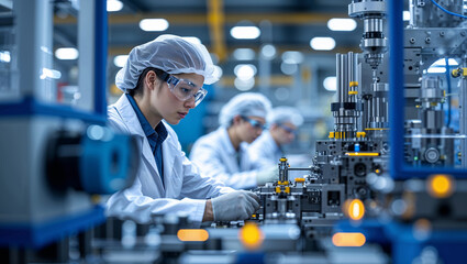 Poster - Focused engineer working on precision machinery in a modern manufacturing facility during daytime hours