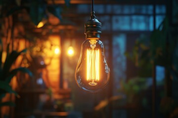 Poster - Vintage light bulb illuminating a cozy indoor space filled with plants during evening hours