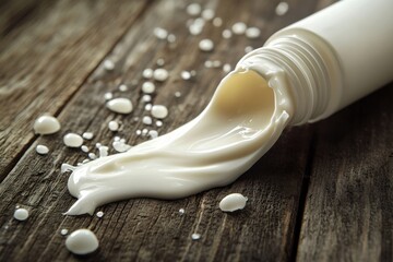 Poster - Creamy lotion spills from a tube onto a rustic wooden surface with droplets scattered around