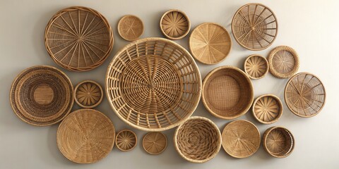 Aufkleber - A collection of intricately woven wicker baskets, varying in size and design, displayed artistically on a light background.