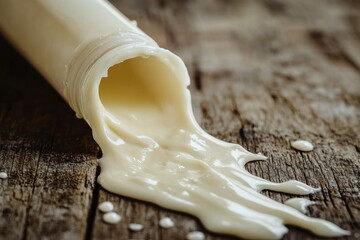 Aufkleber - Creamy substance spills from open bottle onto wooden surface creating a rich texture and warmth