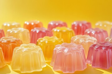 Poster - Colorful gelatin desserts arranged on a bright yellow background for fresh and vibrant appeal
