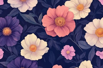 Aufkleber - Colorful floral pattern featuring diverse blooms and floral designs on a dark backdrop