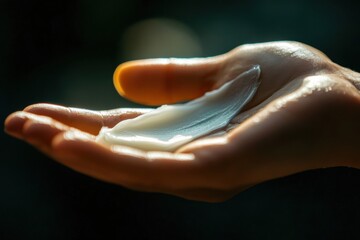 Poster - Creamy moisturizer applied to a hand during a skincare routine in a softly lit environment