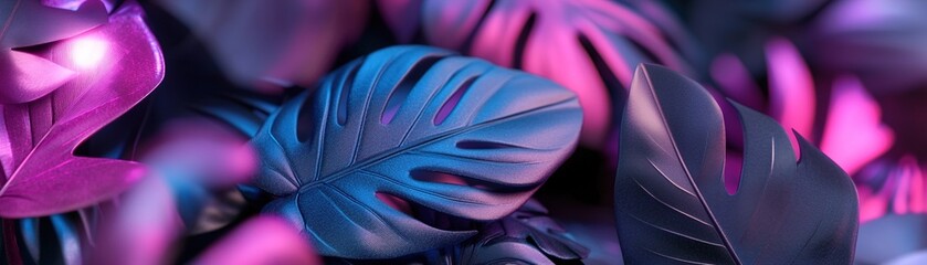Poster - Lush jungle leaves form a captivating backdrop, illuminated by soft electric blue and magenta neon light, creating a moody and immersive cyberpunk depth, ideal for creative projects