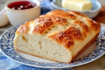 Poster - Delicious freshly baked bread served with butter and berry jam at a cozy kitchen setting