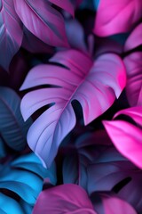 Poster - Lush jungle leaves are illuminated by soft neon blue and magenta lights, creating a moody atmosphere with cinematic reflections and luxury depth. Perfect for text overlay