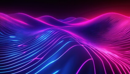 Poster - Futuristic Abstract Landscape with Dynamic Curved Lines in Vibrant Blue and Pink Under a Dark Background for Modern Digital Art Concepts