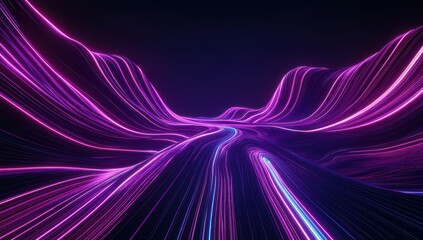 Poster - Futuristic Abstract Landscape with Flowing Neon Lights in Purple and Blue Colors Enhancing Digital Vibes for Modern Technology Background or Wallpaper