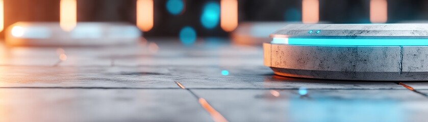 Poster - A high-end concrete environment showcases floating holographic panels, with glowing blue accents creating a luxurious, sci-fi atmosphere perfect for innovative projects and presentations