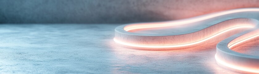 Poster - A luxe concrete surface showcases glowing holographic light ribbons that float above, enhanced by soft modern lighting for a unique backdrop for creative concepts