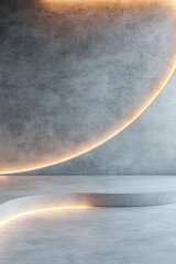 Poster - A sleek concrete environment features soft-focus lighting and floating light ribbons, creating a modern atmosphere ideal for showcasing art, design, or multimedia projects