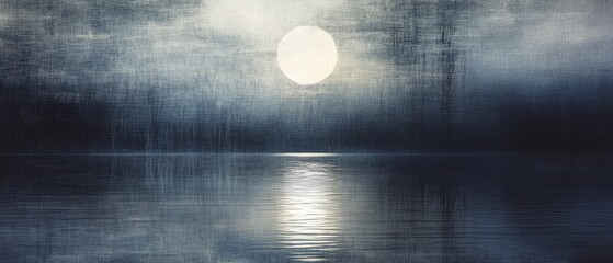 Wall Mural - A vivid full moon hovers over a tranquil, misty lake, casting reflections and creating a dream-like silvered landscape.