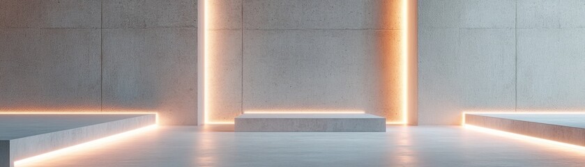 Poster - A spacious concrete corridor features soft glowing LED strips along the edges, creating an inviting atmosphere. The moody lighting enhances the futuristic aesthetic, perfect for various applications