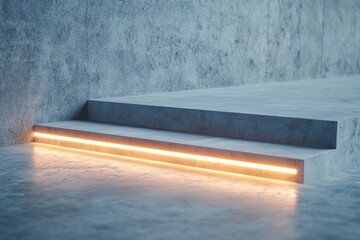 Poster - A spacious, futuristic corridor features smooth concrete walls and glowing LED strips along the floor edges, creating a moody atmosphere. The design emphasizes minimalism and sci-fi elements