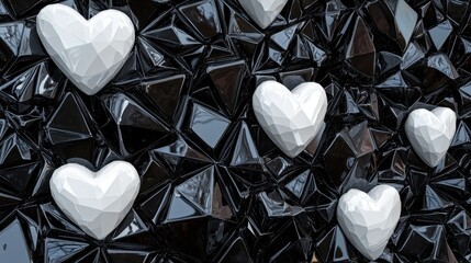 Poster - a black and white photo of five white hearts on a black background