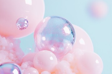 Poster - A captivating background featuring dreamy liquid pastel gradients, soft-focus iridescent bubbles, and metallic reflections, perfect for a luxurious and modern design aesthetic
