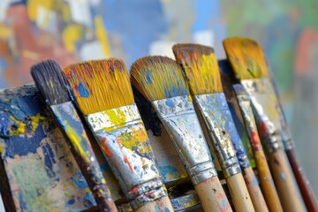 Leinwandbilder - Paint brushes arranged on a wooden holder display a vibrant range of colors and textures in an artist's studio