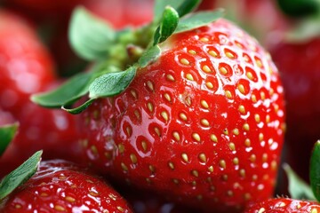 Aufkleber - Fresh ripe strawberries glistening in natural light with green leaves enhancing their vibrant color