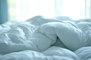Aufkleber - Comfortable white duvet covering a cozy bed in a softly lit bedroom during morning hours
