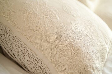 Poster - Soft cream decorative pillow with intricate lace patterns placed on a cozy bed in a serene bedroom setting
