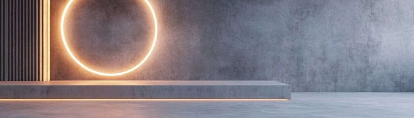 Poster - A spacious brutalist chamber features a single floating neon ring, casting soft ambient light. The moody atmosphere highlights luxury minimalist design, offering ample space for creativity