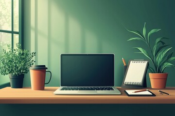 Poster - Minimalist Workspace With Laptop, Plants, and Notepad in Natural Light