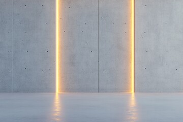 Poster - Concrete surface features vertical golden light streaks that cast a soft glow, creating a smooth industrial aesthetic ideal for modern design presentations or displays