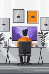 Poster - Man working at desk with computer in a modern minimalist workspace