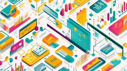 Poster - Abstract isometric digital dashboard, diverse data visualization