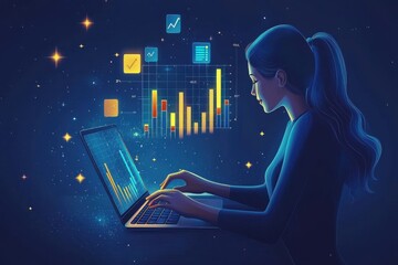 Poster - Person Analyzing Data on a Laptop with Illuminated Bar Graphs