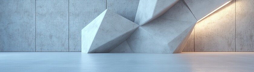 Poster - A spacious abstract concrete environment showcases intricate geometric panel walls illuminated by soft ambient light. The modern luxury aesthetic invites creative expression and design