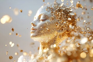 Poster - A glass silhouette of a woman captivates with translucent beauty, surrounded by shimmering gold particles. Ethereal lighting enhances the luxurious feel, creating an inviting space