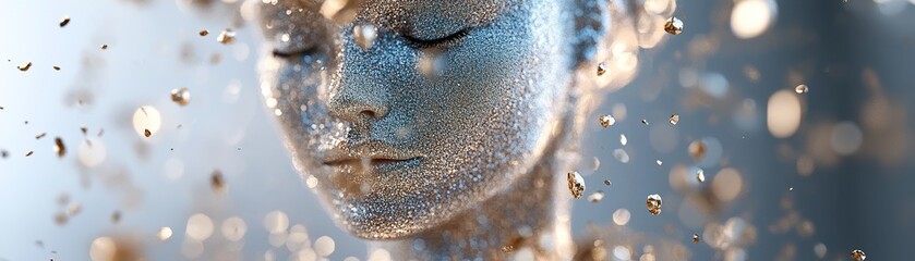 Poster - A translucent glass silhouette of a woman is surrounded by softly floating gold particles, illuminated by soft-focus lighting that creates a luxurious, ethereal atmosphere