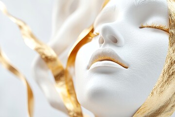 Poster - An elegant 3D-rendered background showcases an abstract female face enveloped by a flowing gold ribbon. Soft-focus lighting enhances the luxurious feel, leaving space for text