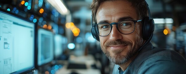 Poster - Smiling professional wearing headphones working on a computer in a tech environment