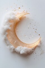 Poster - A crescent moon radiating a warm glow surrounded by delicate golden sparkles creates a dreamy atmosphere. The soft light contrasts beautifully against a clean white background