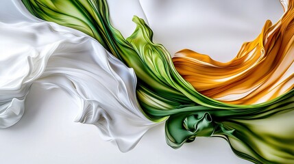 Poster -   A painting depicts a dress in white, green, and yellow hues with a wavy pattern at its base