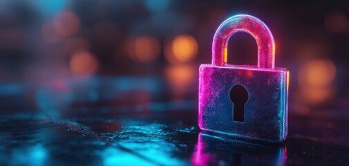 Poster - Glossy metallic padlock with vibrant neon lights in the background creating a cyber security and protection theme in a modern aesthetic setting